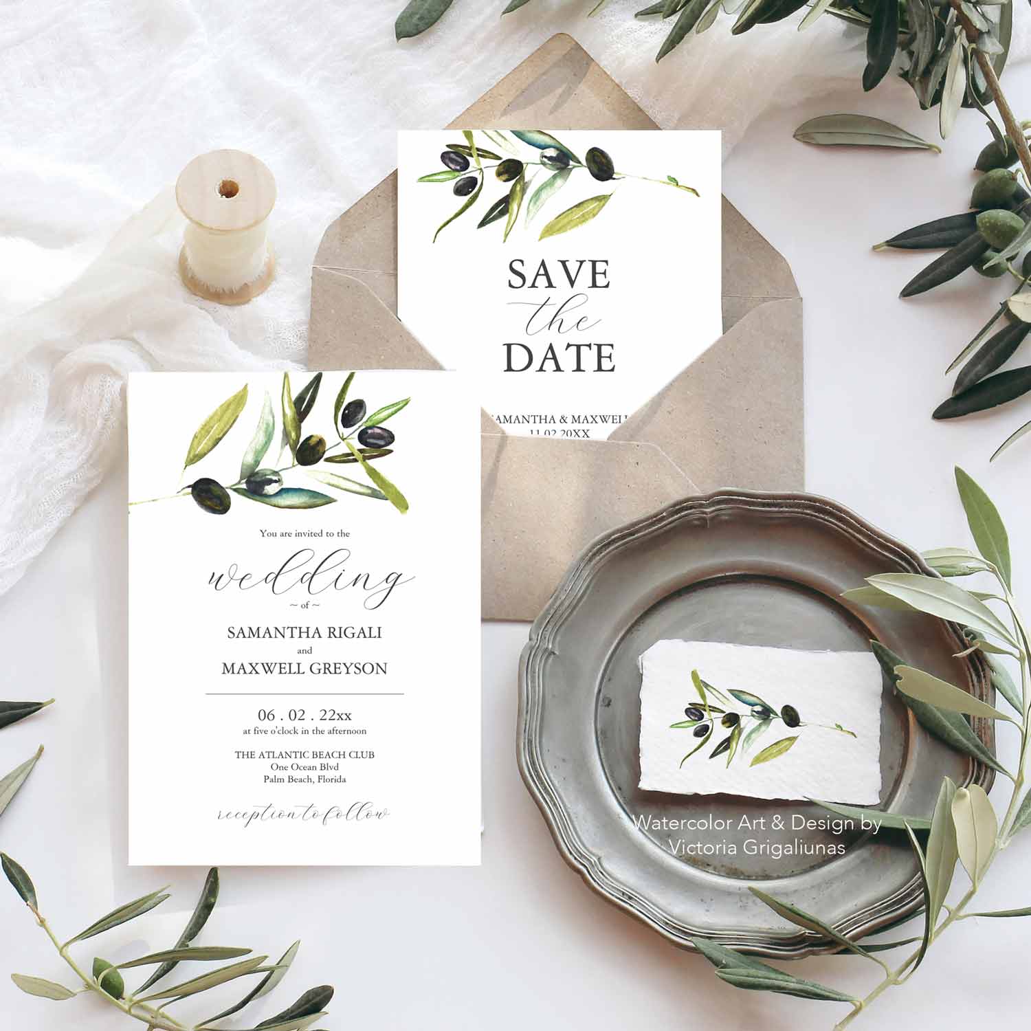 Rustic wedding invitation themes feature unique watercolor olive branch art by Victoria Grigaliunas