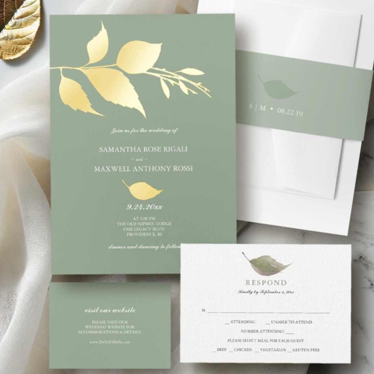 Sage green wedding invitation suite with gold foil leaves. Click to shop.