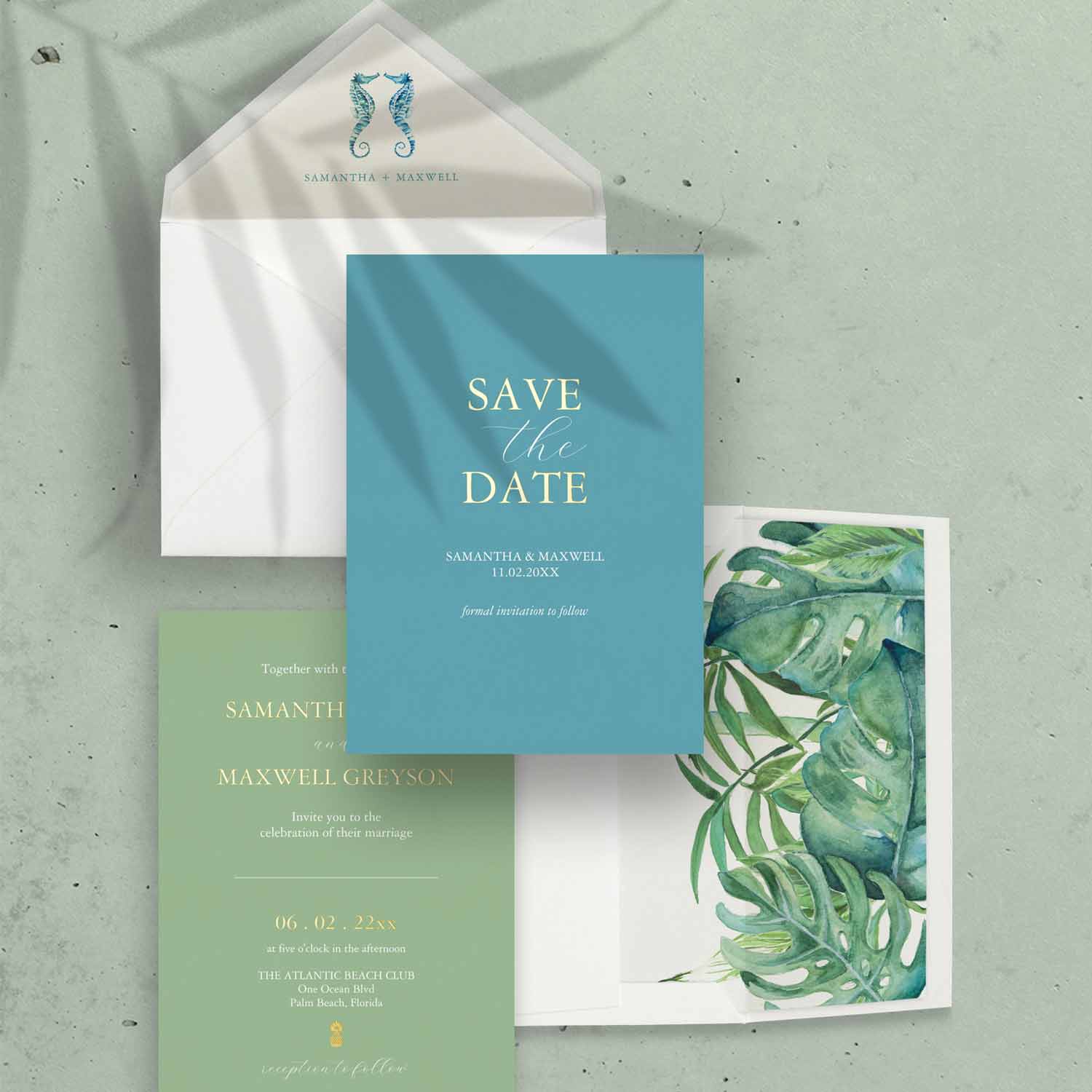 Tropical wedding stationery suite with botanical envelope liners