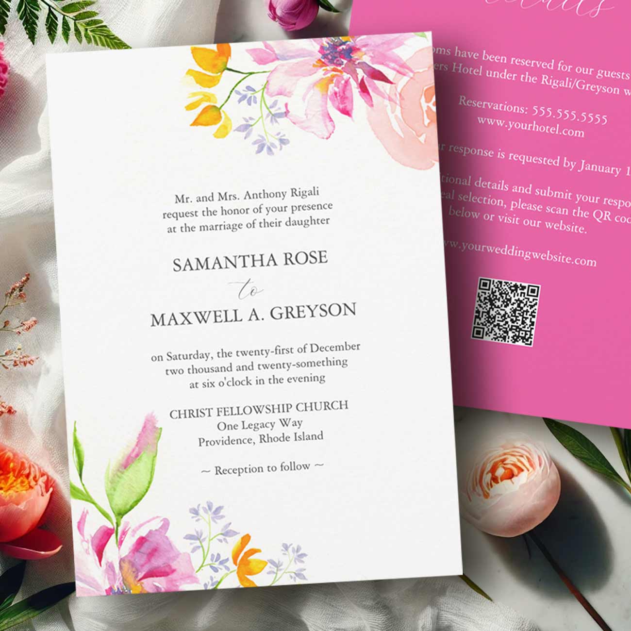 Wedding invitations with qr code features bold pink and orange flowers. Click to shop.