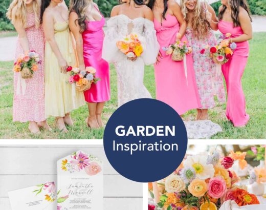 Garden wedding ideas vibrant pink and multicolor flowers with unique watercolor wedding invitation