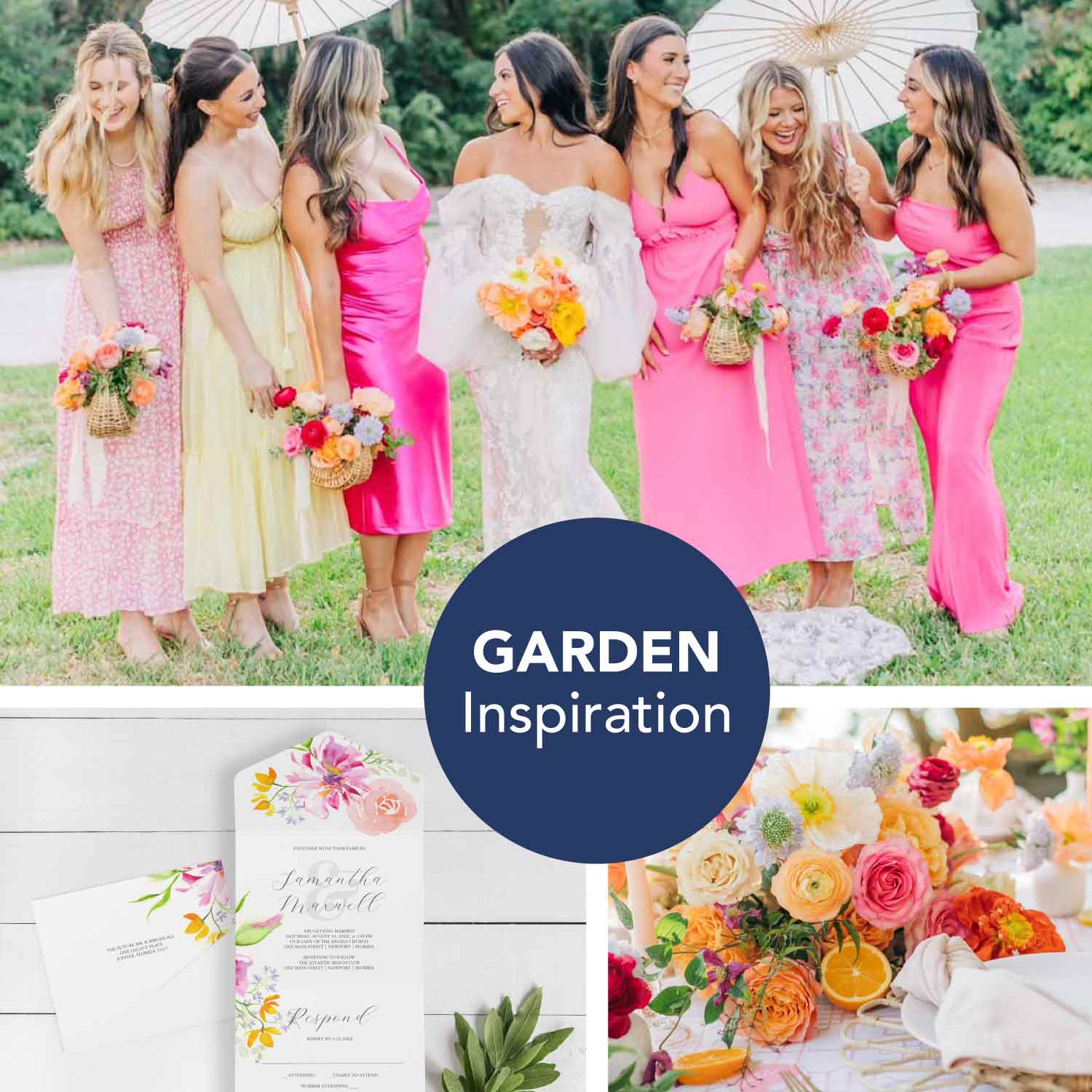 Garden wedding ideas vibrant pink and multicolor flowers with unique watercolor wedding invitation