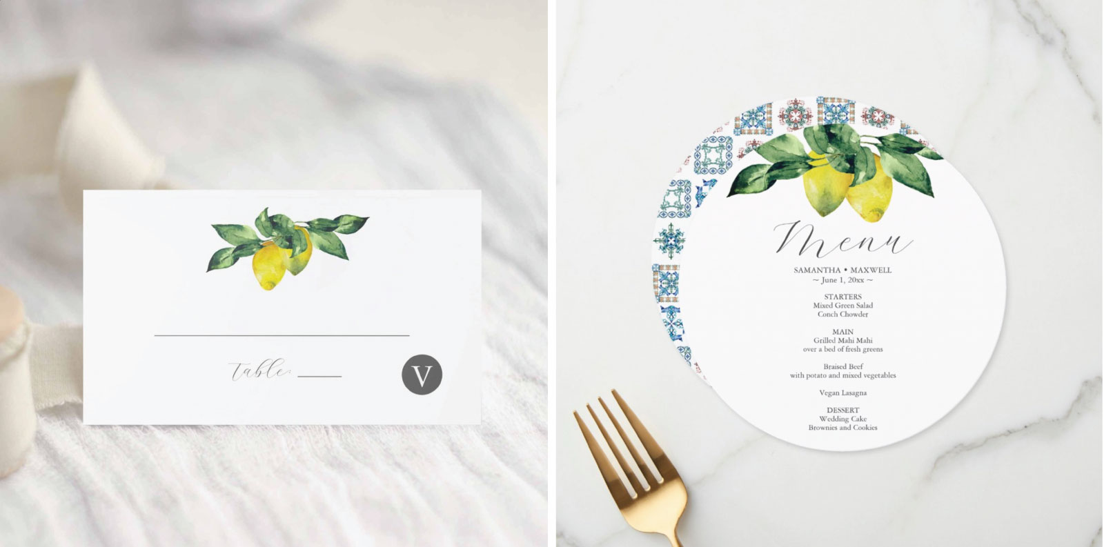 Blue and yellow lemon alfresco theme place card and menu card. Watercolor art by Victoria Grigaliunas of Do Tell A Belle. Click to shop the complete line.