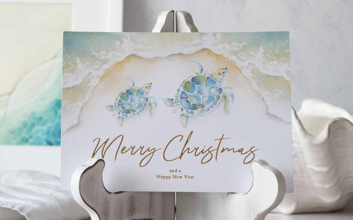 Beach Christmas cards feature watercolor sea turtles with Merry Christmas embossed in gold foil