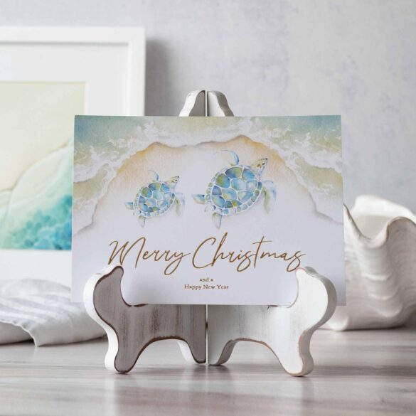 Beach Christmas cards feature watercolor sea turtles with Merry Christmas embossed in gold foil