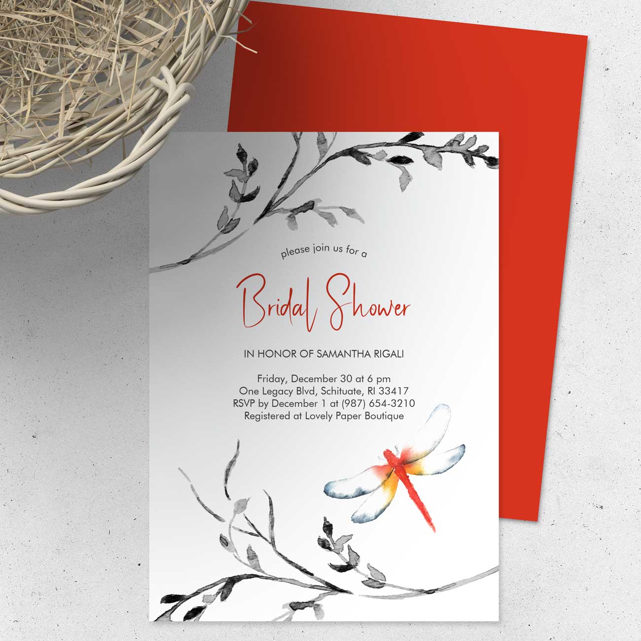 Bridal shower invitations watercolor red dragonfly. Click to shop