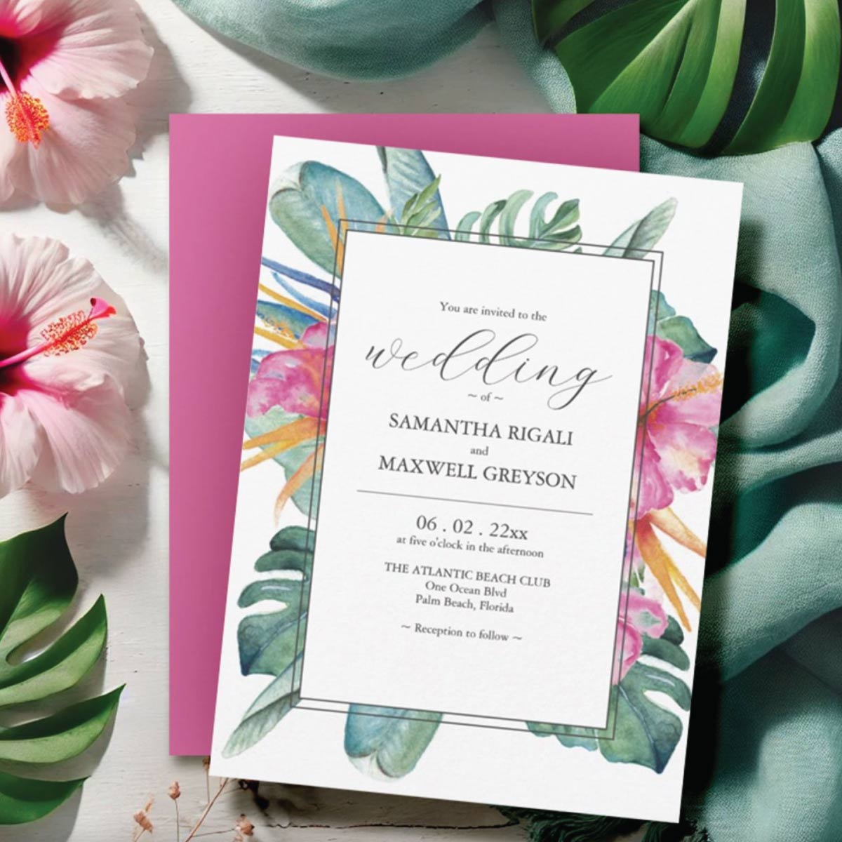 Tropical destination weddings bright color wedding invitations. Click to shop.