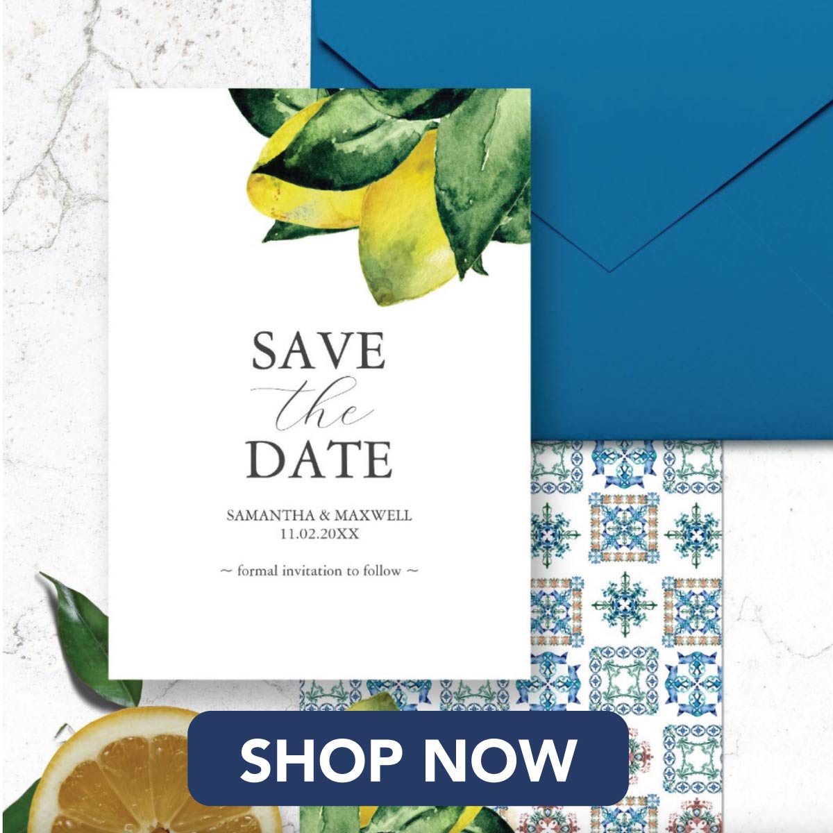 Lemon and Amalfi tile wedding stationery theme with watercolor art. Click to explore more.