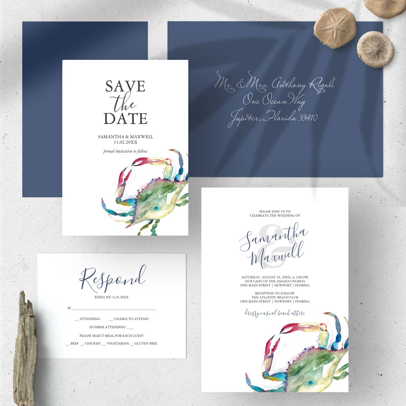 Beach wedding invitation suite features unique watercolor blue crab art by Victoria Grigaliunas of Do Tell A Belle. Click the image to shop the complete line. 