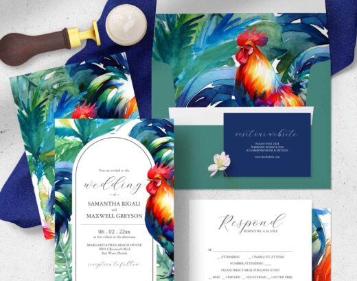 Florida keys wedding invitations theme features a watercolor rooster in vibrant shades of green and blue with a splash of red.