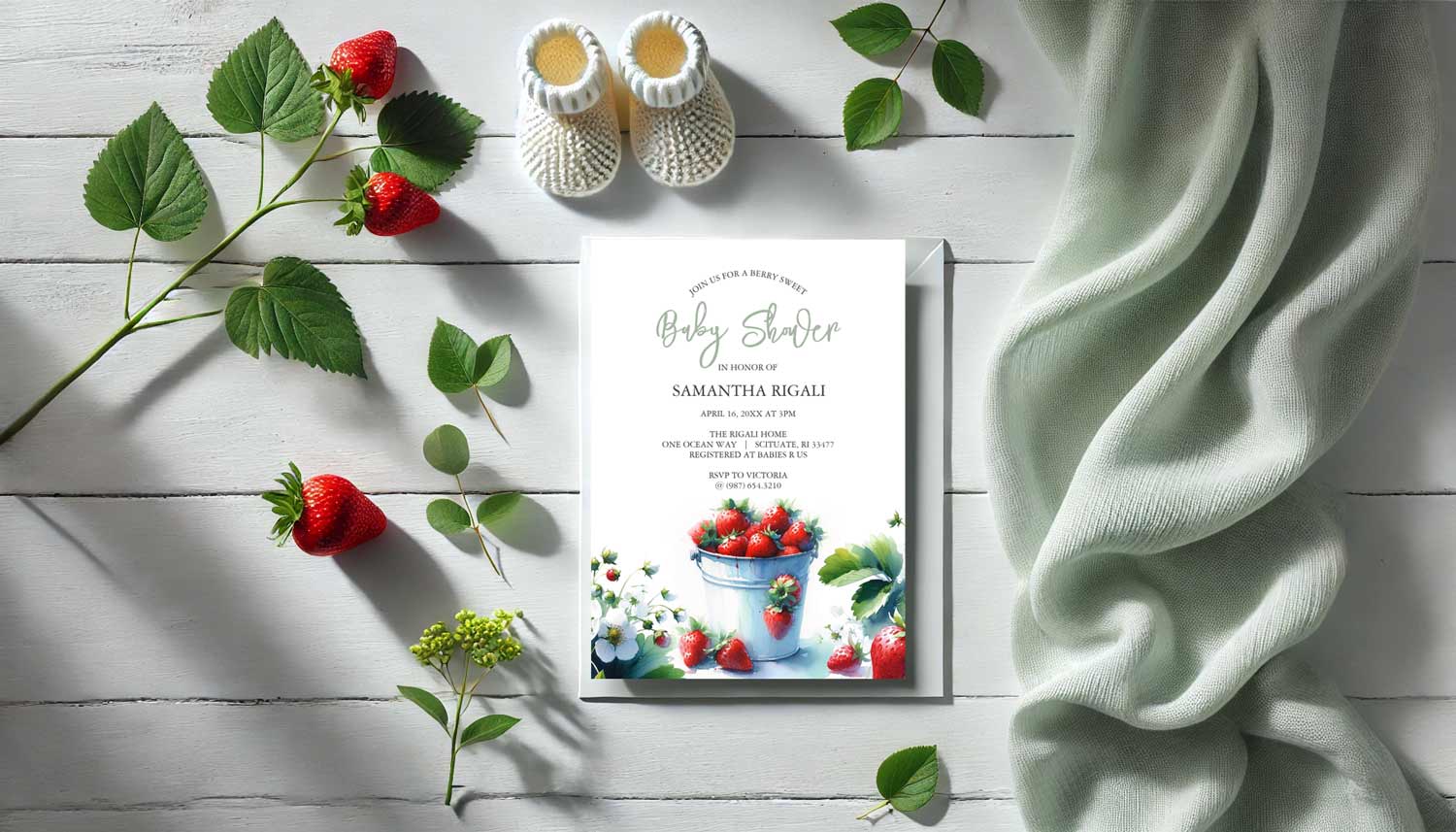 Summer baby shower invitations feature watercolor strawberries. Click to shop the complete theme.