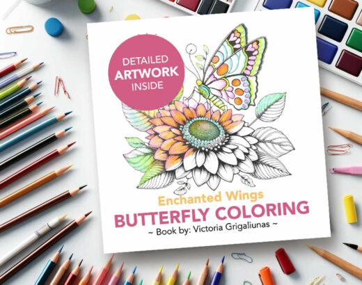 Butterfly coloring pages in the Enchanted Wings adult coloring book and journal.