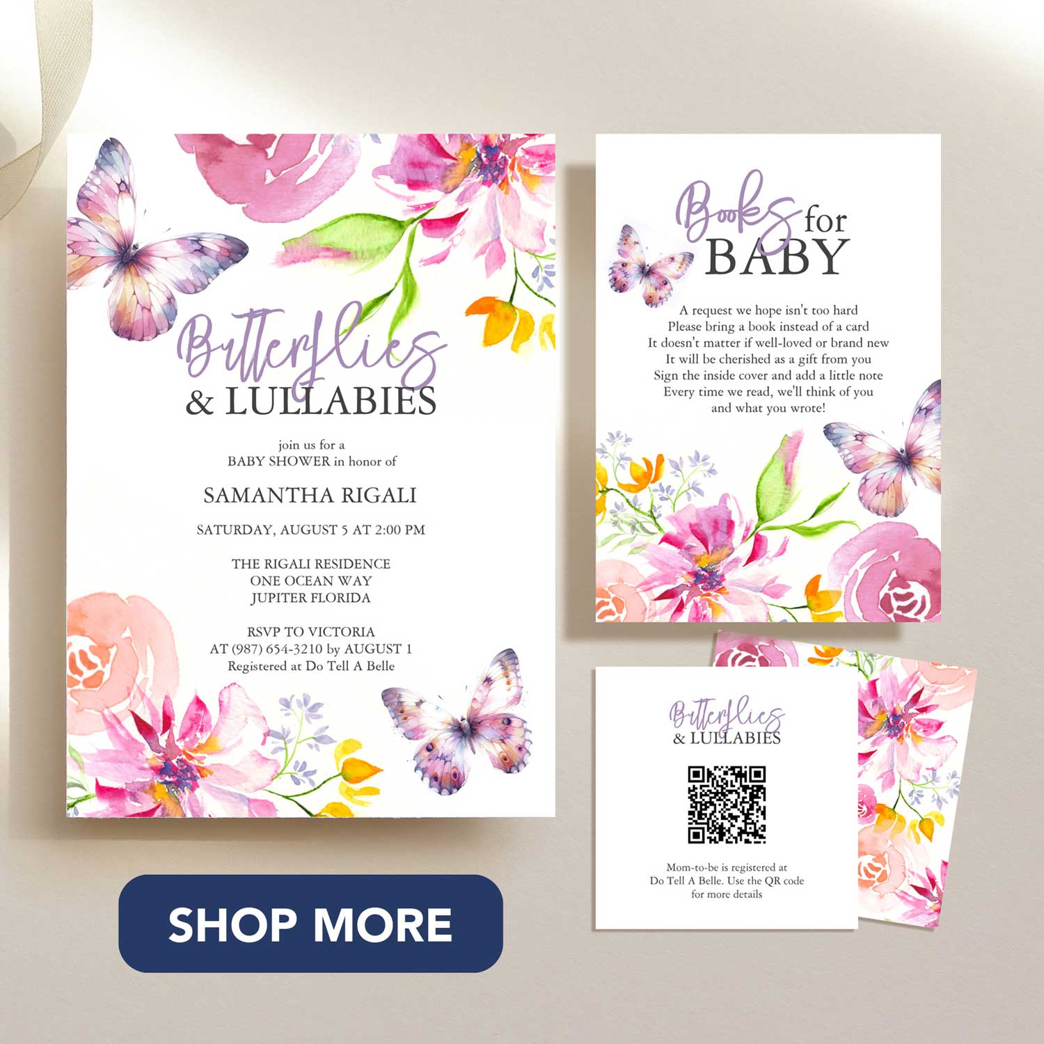 Butterfly baby shower invitations in purple, pink, peach and orange. Watercolor art by Victoria Grigaliunas. Click to shop.