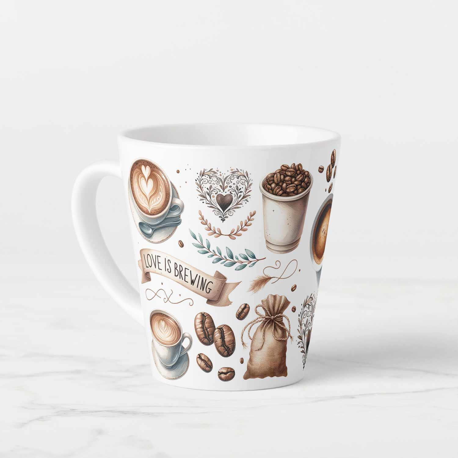 Cute coffee shop latte mug with illustrated coffee items.