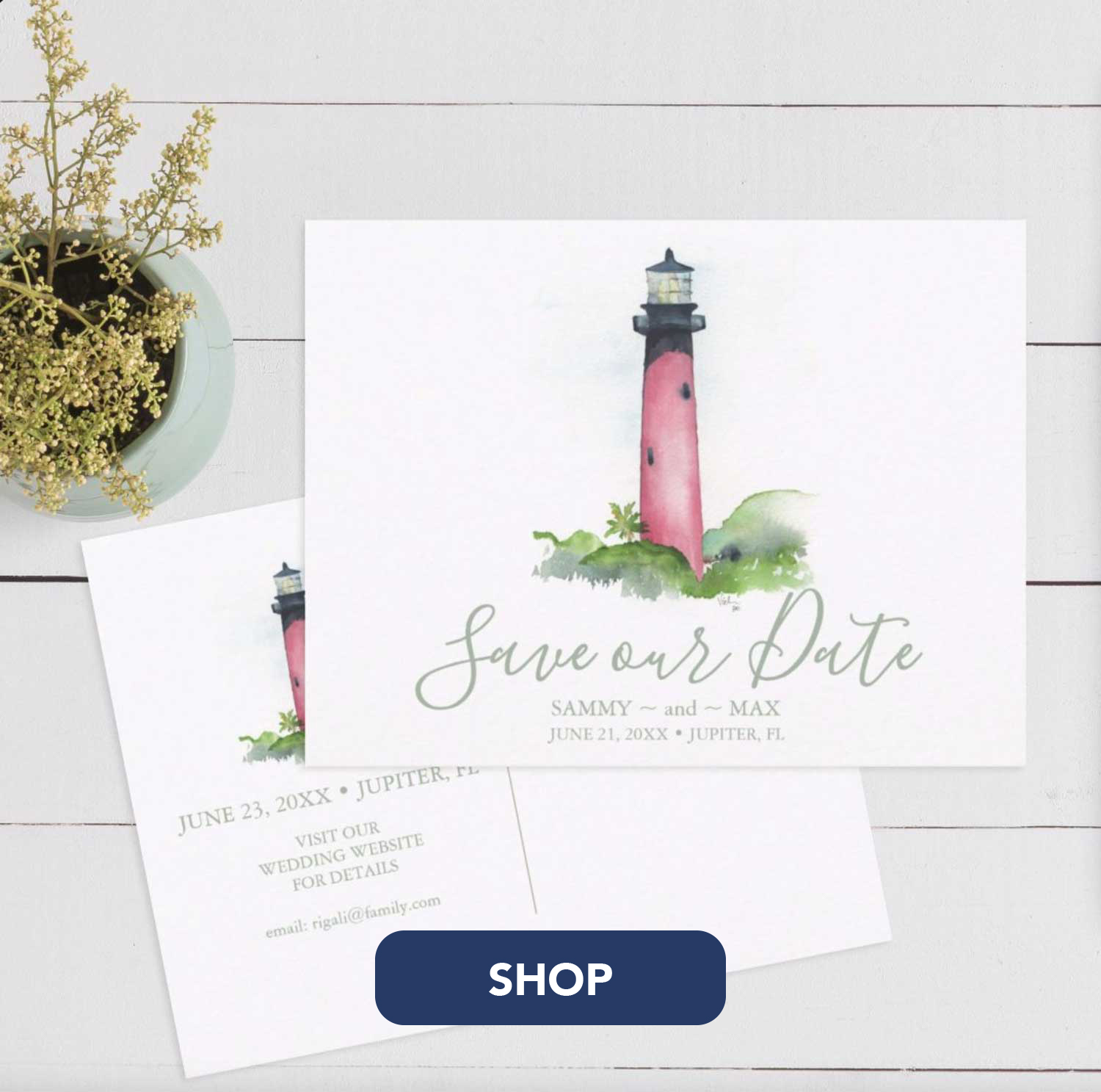 Destination save the date invitations jupiter florida watercolor lighthouse art by Victoria Grigaliunas of Do Tell A Belle