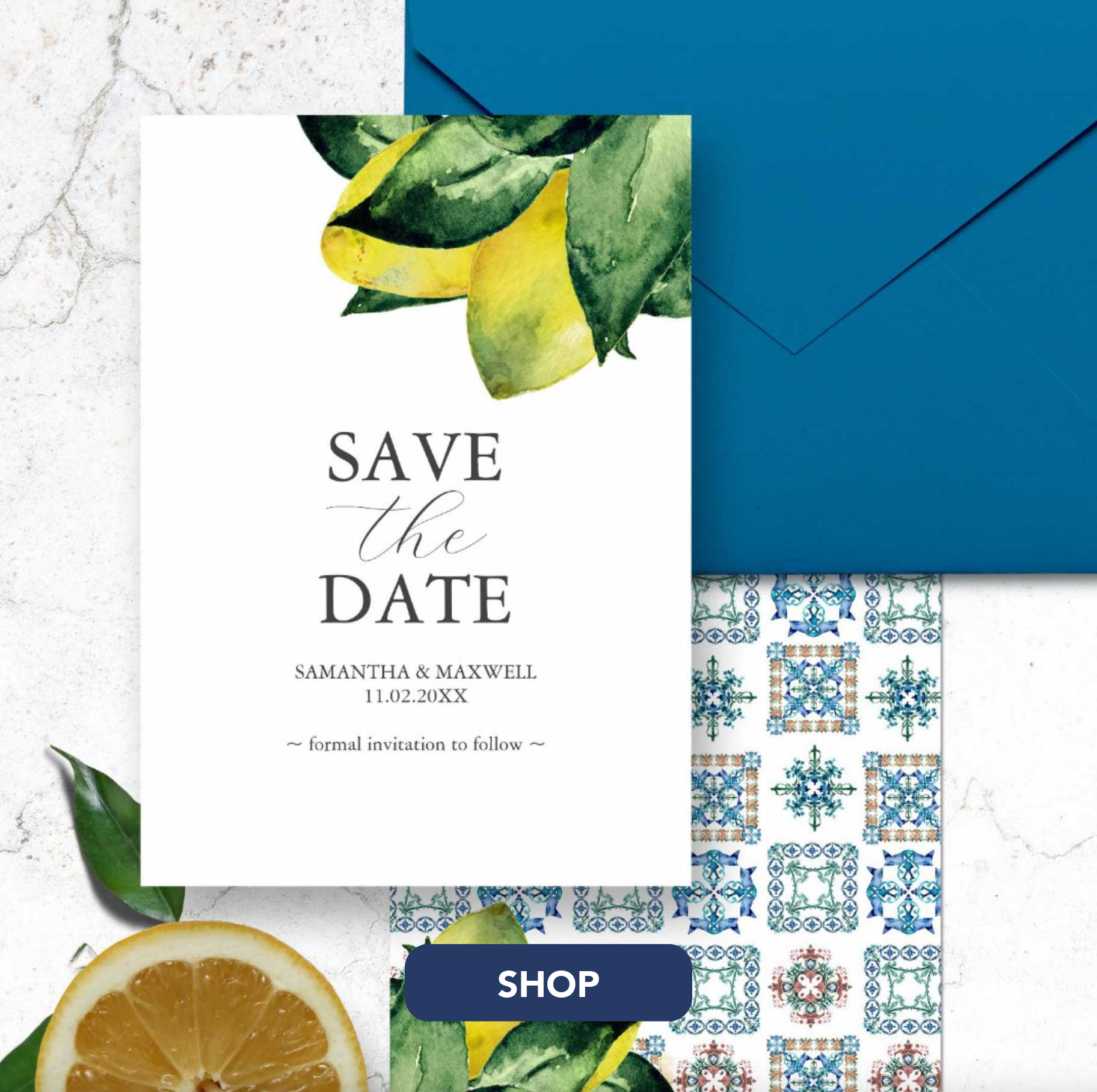 Italy destination save the date invitations lemon art by Victoria Grigaliunas of Do Tell A Belle