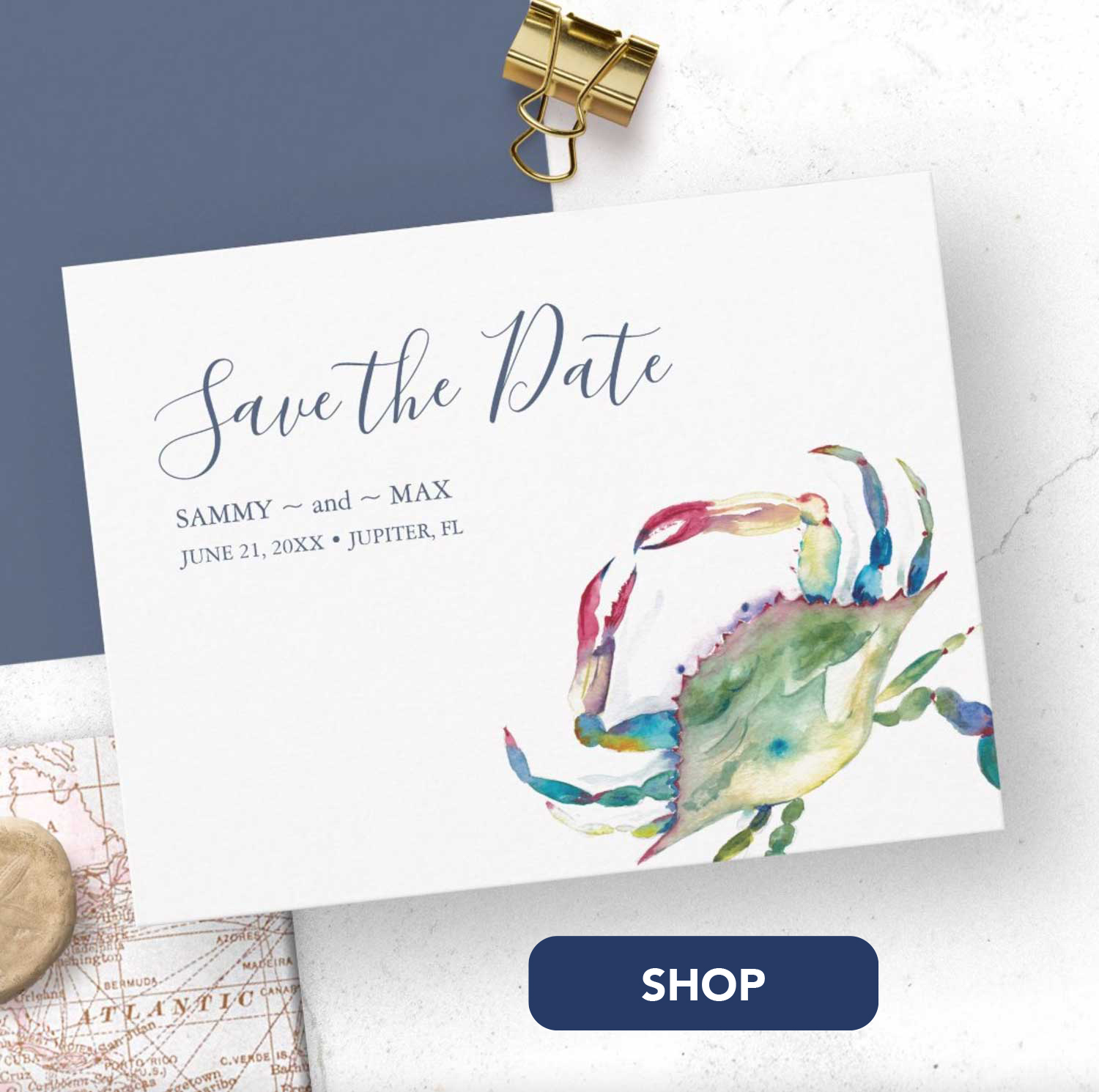 North Carolina destination save the date invitations watercolor blue crab art by Victoria Grigaliunas of Do Tell A Belle