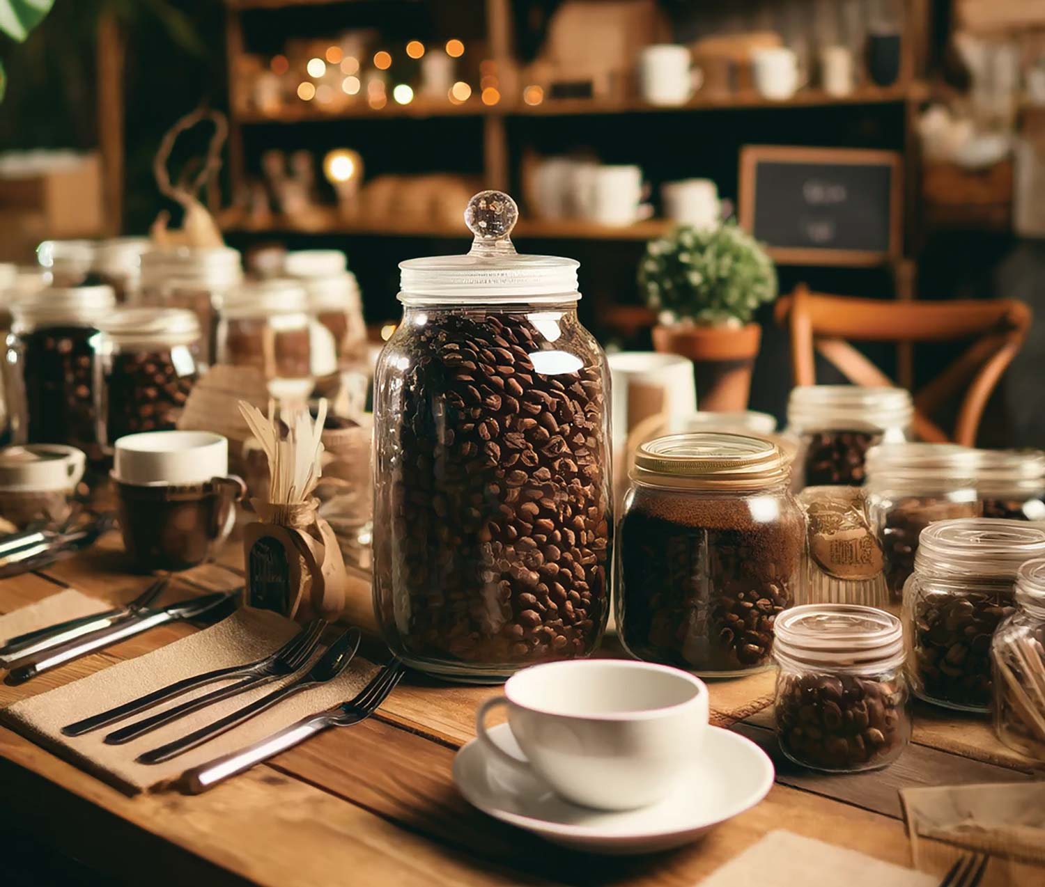 DIY coffee shop bridal shower ideas feature jars filled with coffee beans and a table set up.