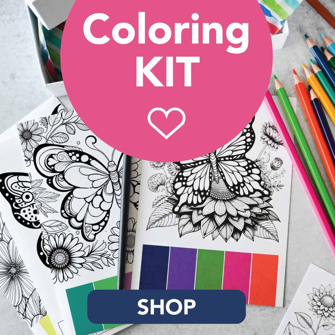 Adult color pages and watercolor pencils kit. Click to shop.