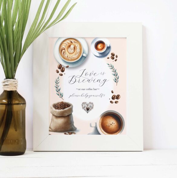 Love is brewing bridal shower decorations feature a customized coffee bar sign. Click to shop.