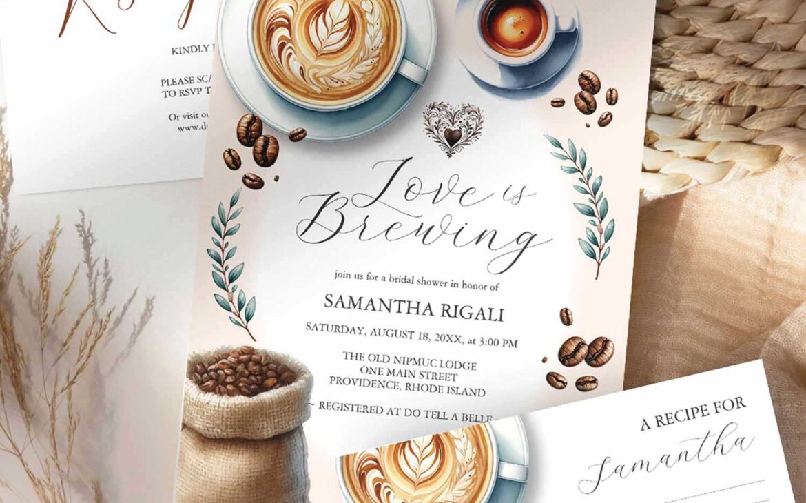 Love is Brewing bridal shower invitations and stationery featuring watercolor coffee art designed by Victoria Grigaliunas of Do Tell A Belle. Click to shop