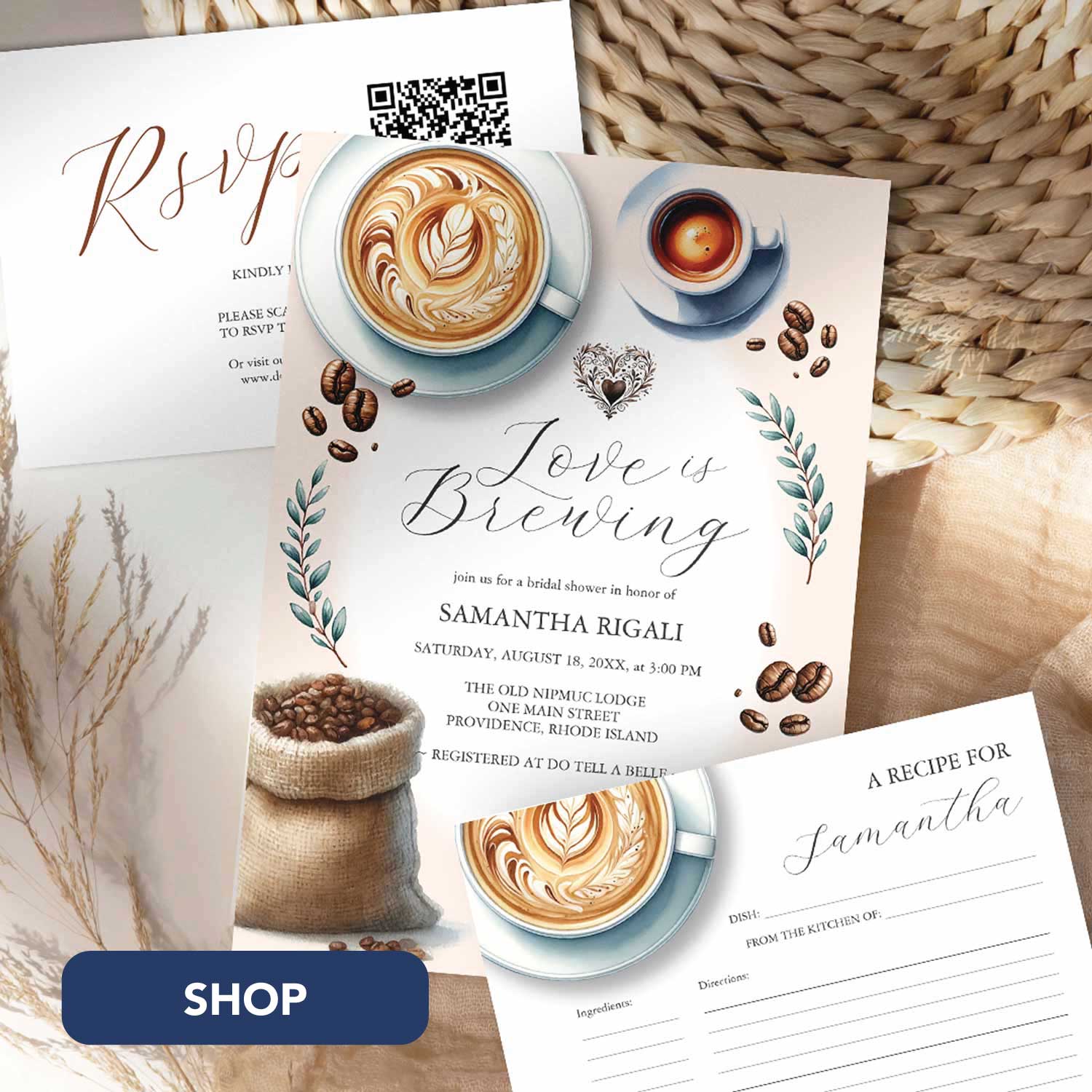 Love is Brewing bridal shower invitations and stationery featuring watercolor coffee art designed by Victoria Grigaliunas of Do Tell A Belle. Click to shop