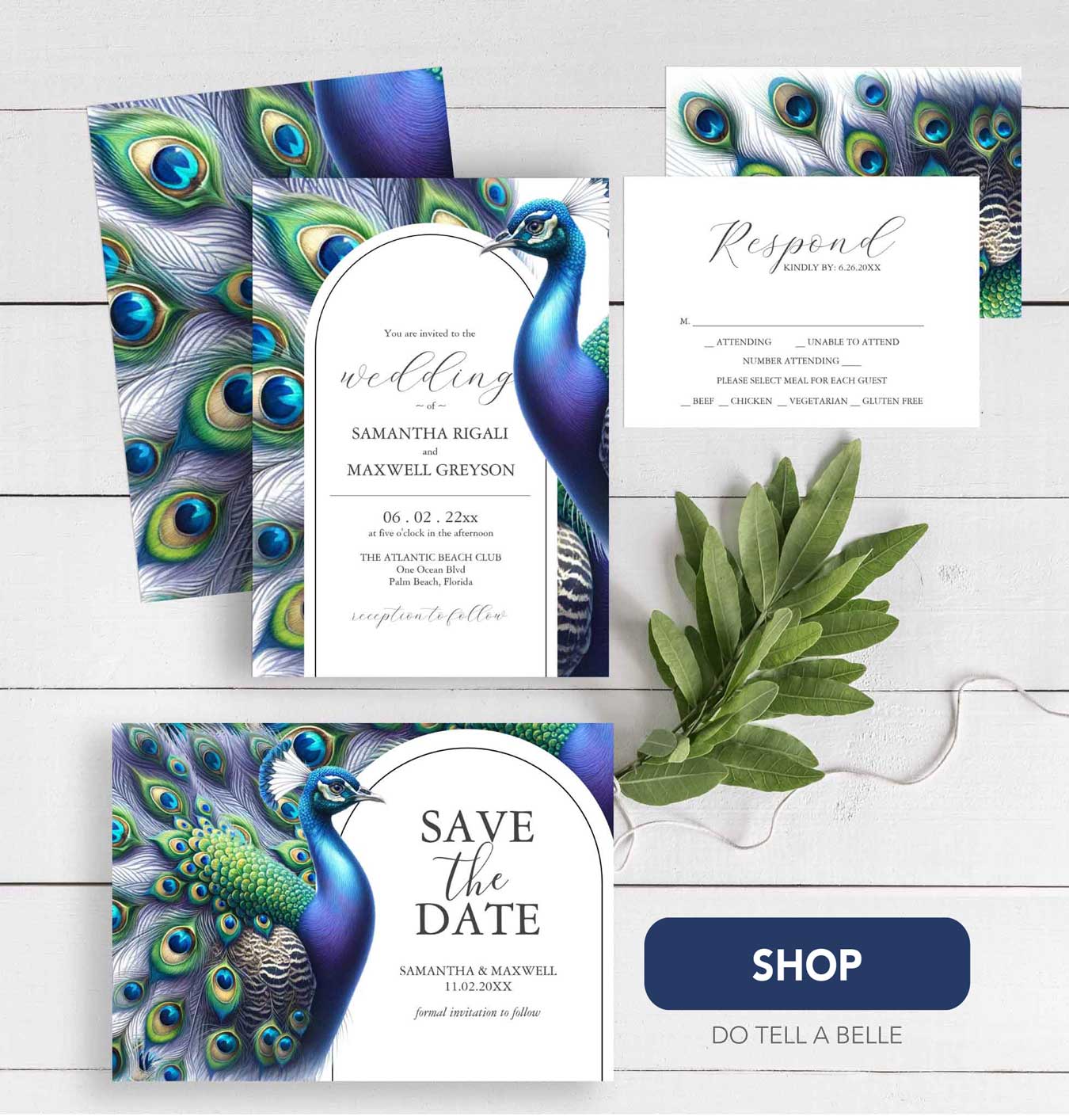 Shop peacock wedding invitations and stationery featuring a majestic watercolor peacock in royal shades of blue, purple and green.