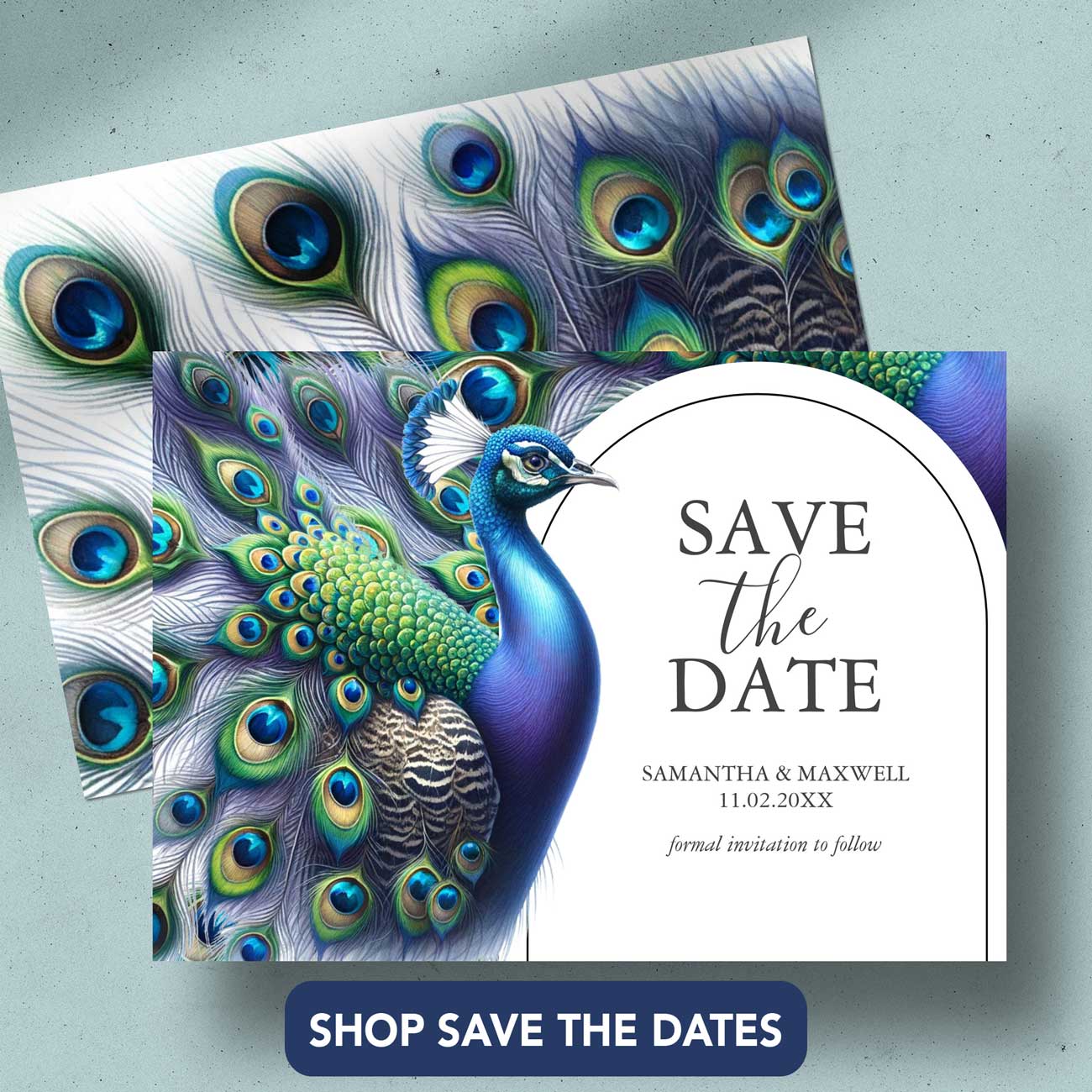 Shop save the dates like the majestic peacock design. 