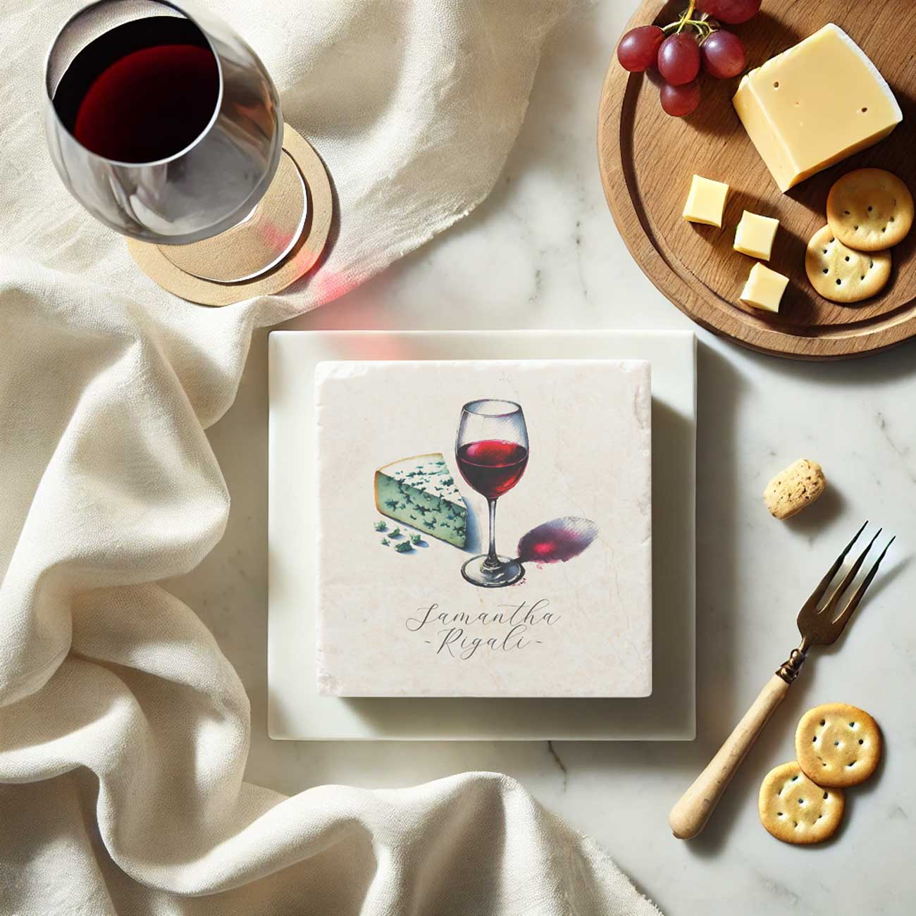 Wine lovers gift basket ideas. Click to shop personalized coasters.