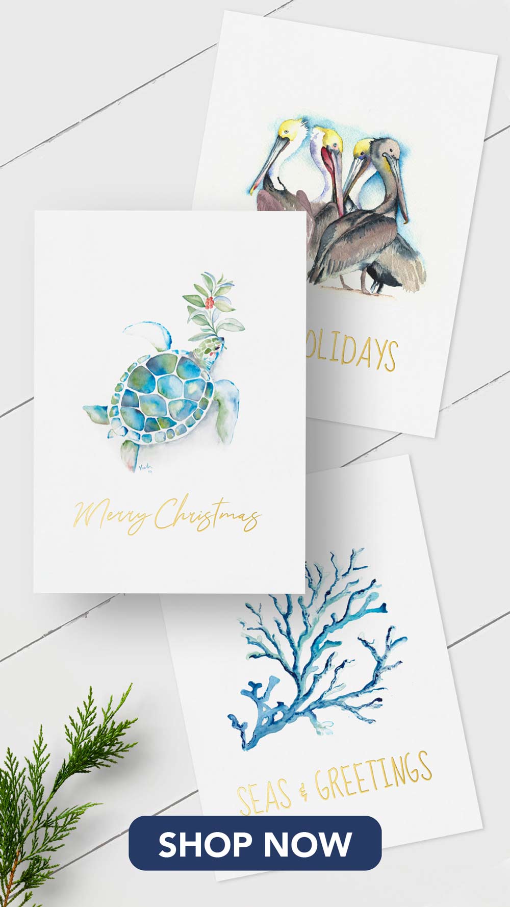 Beach Christmas cards featuring unique watercolor art by Victoria Grigaliunas of Do Tell A Belle. Click to see more.