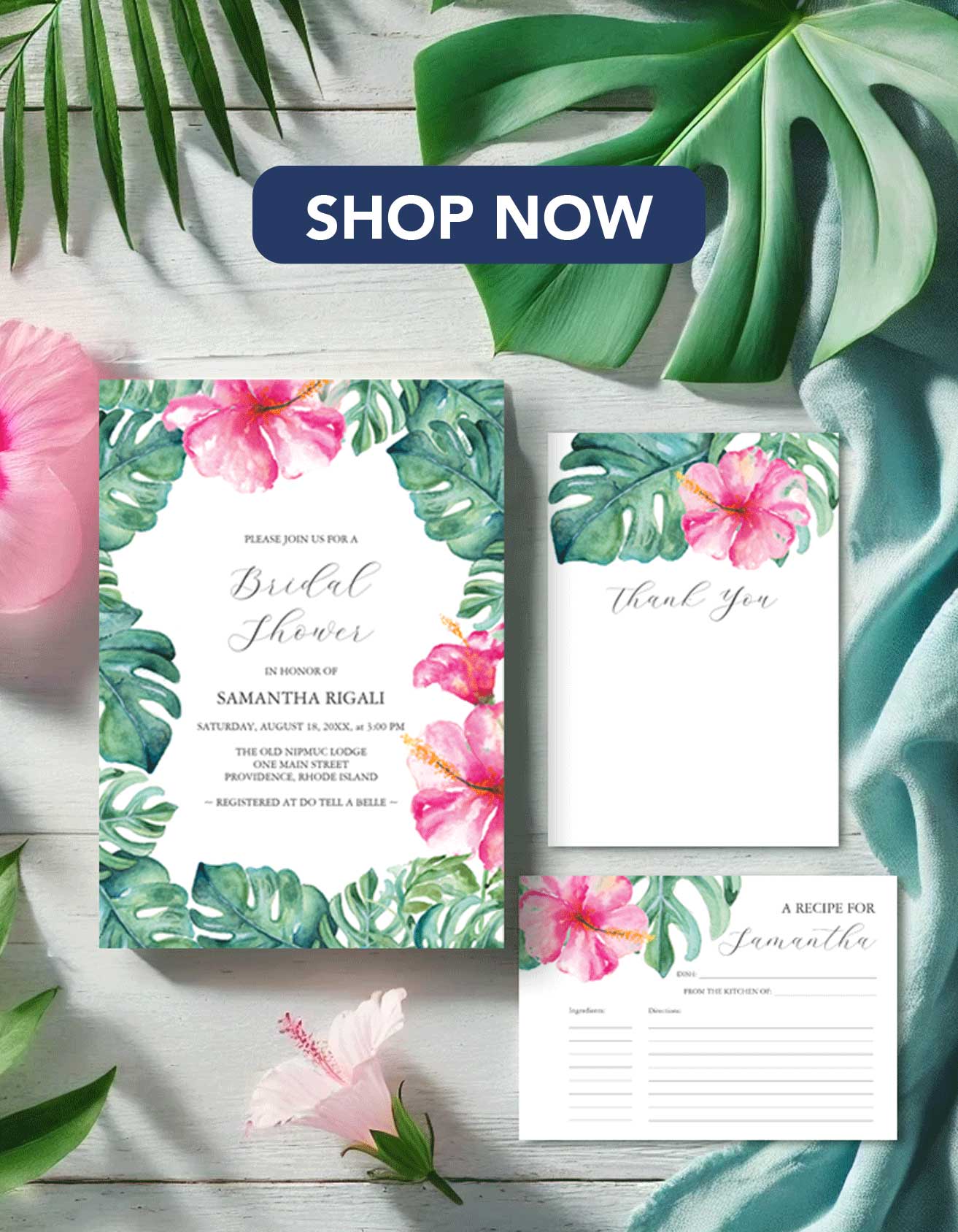 bridal shower invitations with a pink hibiscus flower and monstera palm leaf tropical theme. Click to shop the complete line.