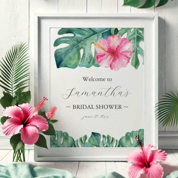 tropical bridal shower theme features pink hibiscus flowers and monstera palm leaves in watercolor shades of green.