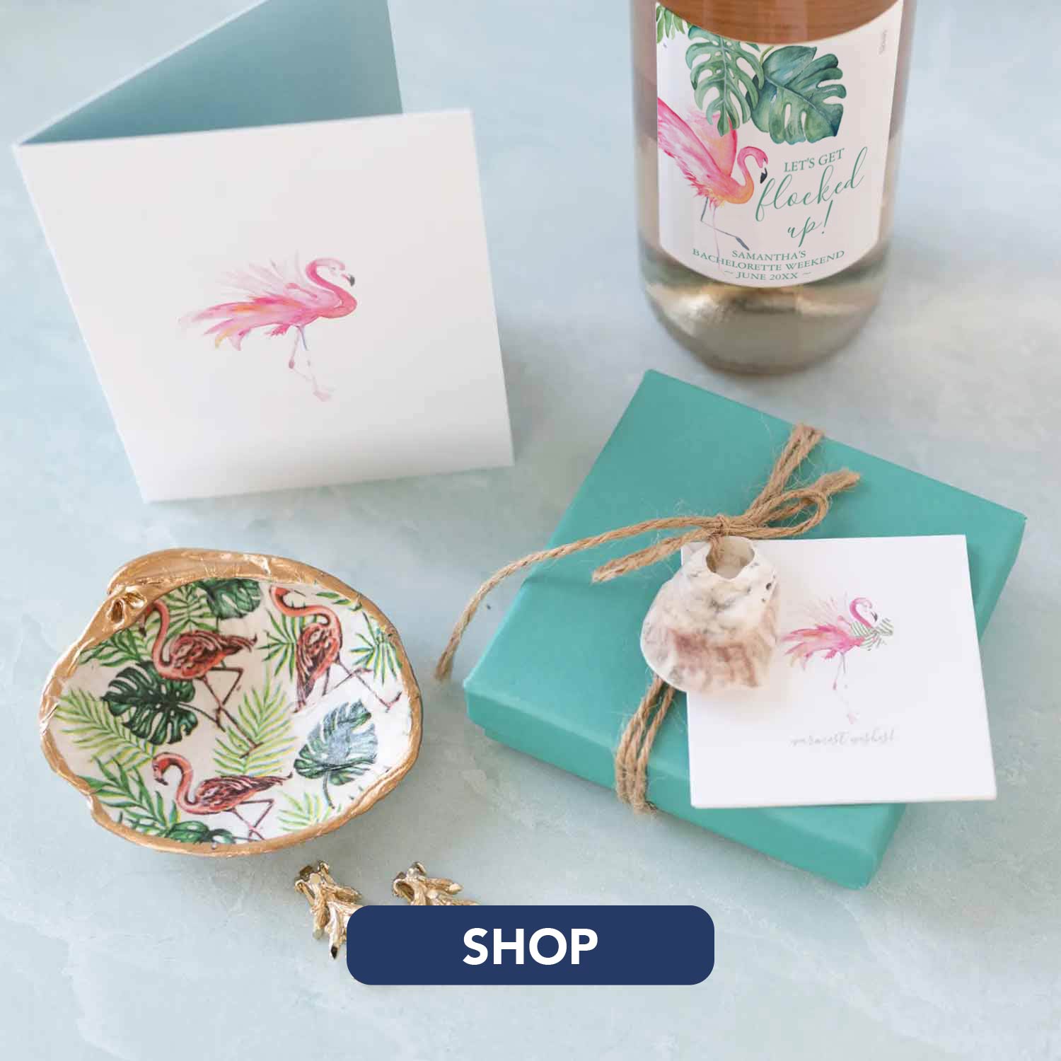 Bachelorette party gifts feature pink flamingo design and art by Victoria Grigaliunas. Click to shop.