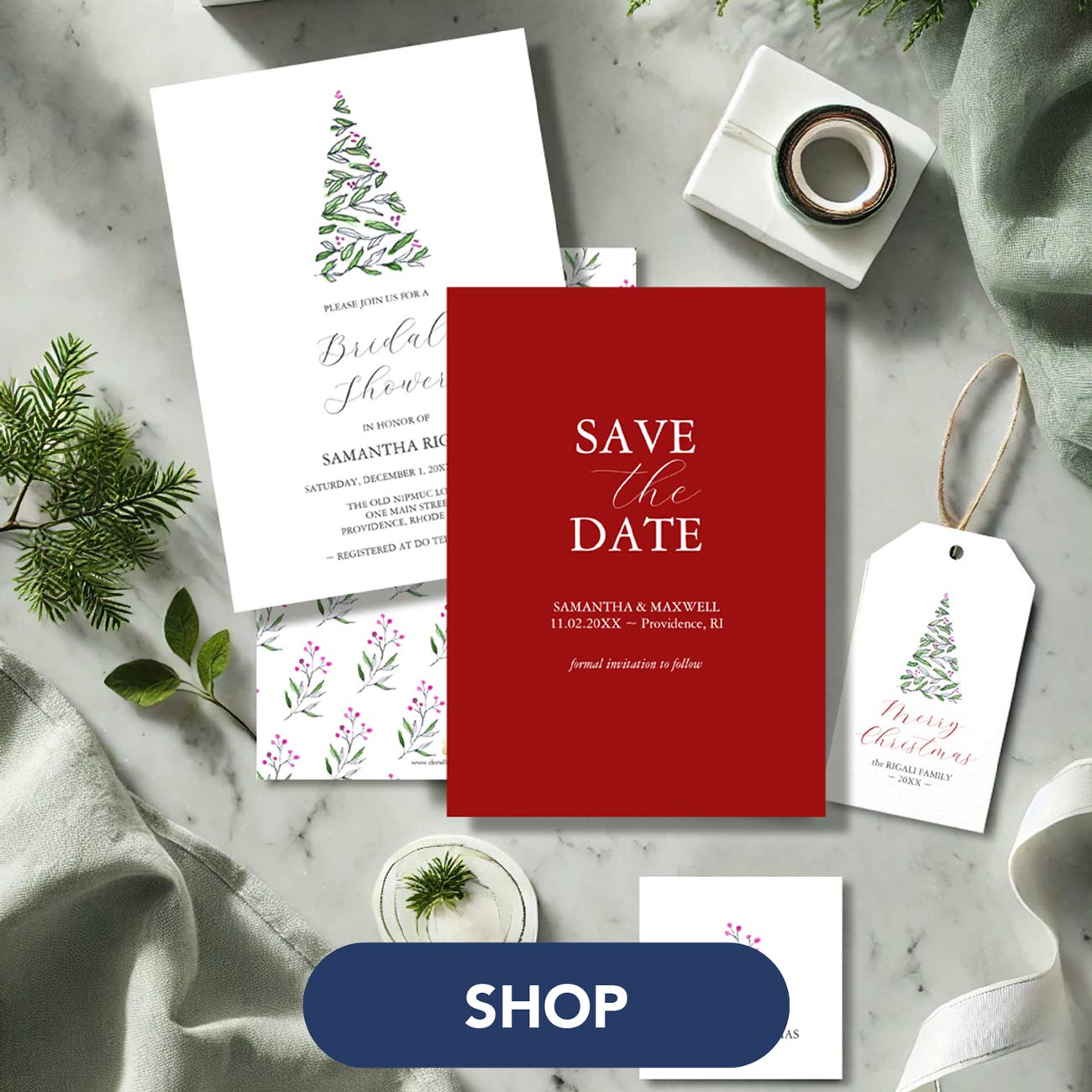 Botanical Christmas tree invitations, cards and gifts. Click to shop the complete collection.