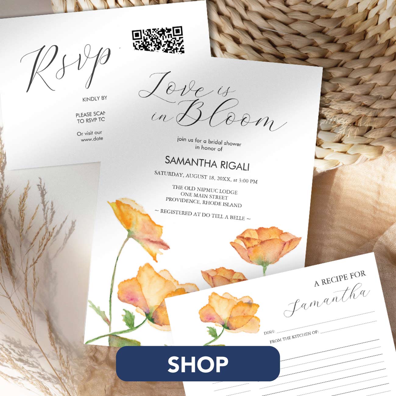 bridal shower invitations with a love is in bloom theme features watercolor orange poppy flower art by Victoria Grigaliunas. Click to explore more.