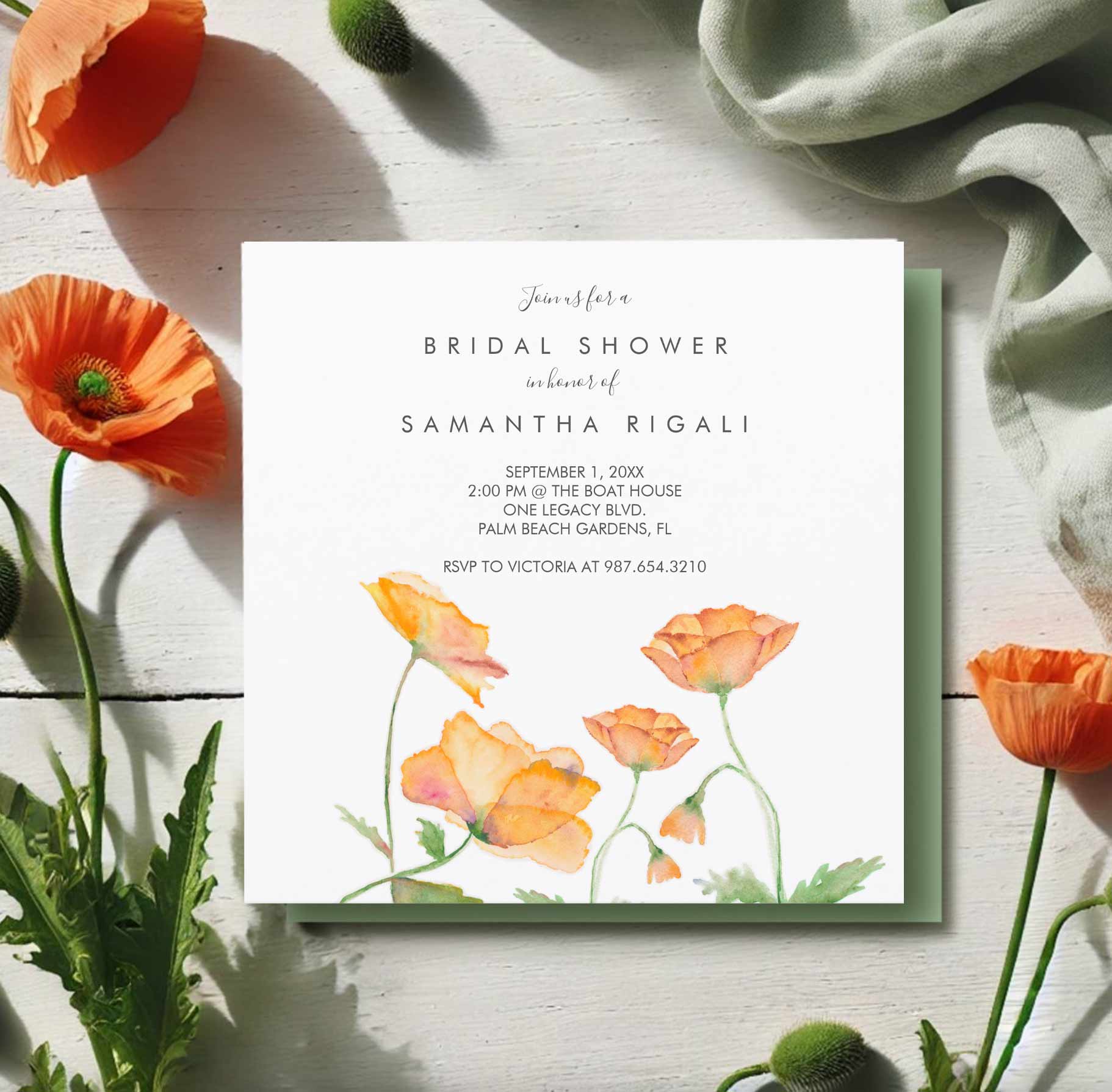 Floral bridal shower invitations. Watercolor orange poppy flower art by Victoria Grigaliunas of Do Tell A Belle. Click to shop this invitation.