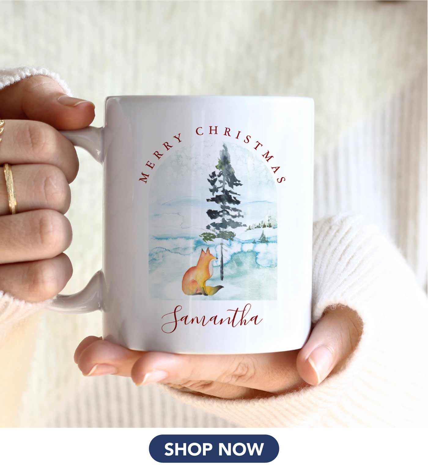 Cute winter Christmas mugs with a watercolor fox and pine tree personalized with your name. Click to shop.