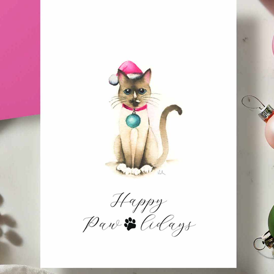 Cute Merry Christmas wishes for cat lovers. Watercolor Christmas cat by Victoria Grigaliunas. Click to shop the line.