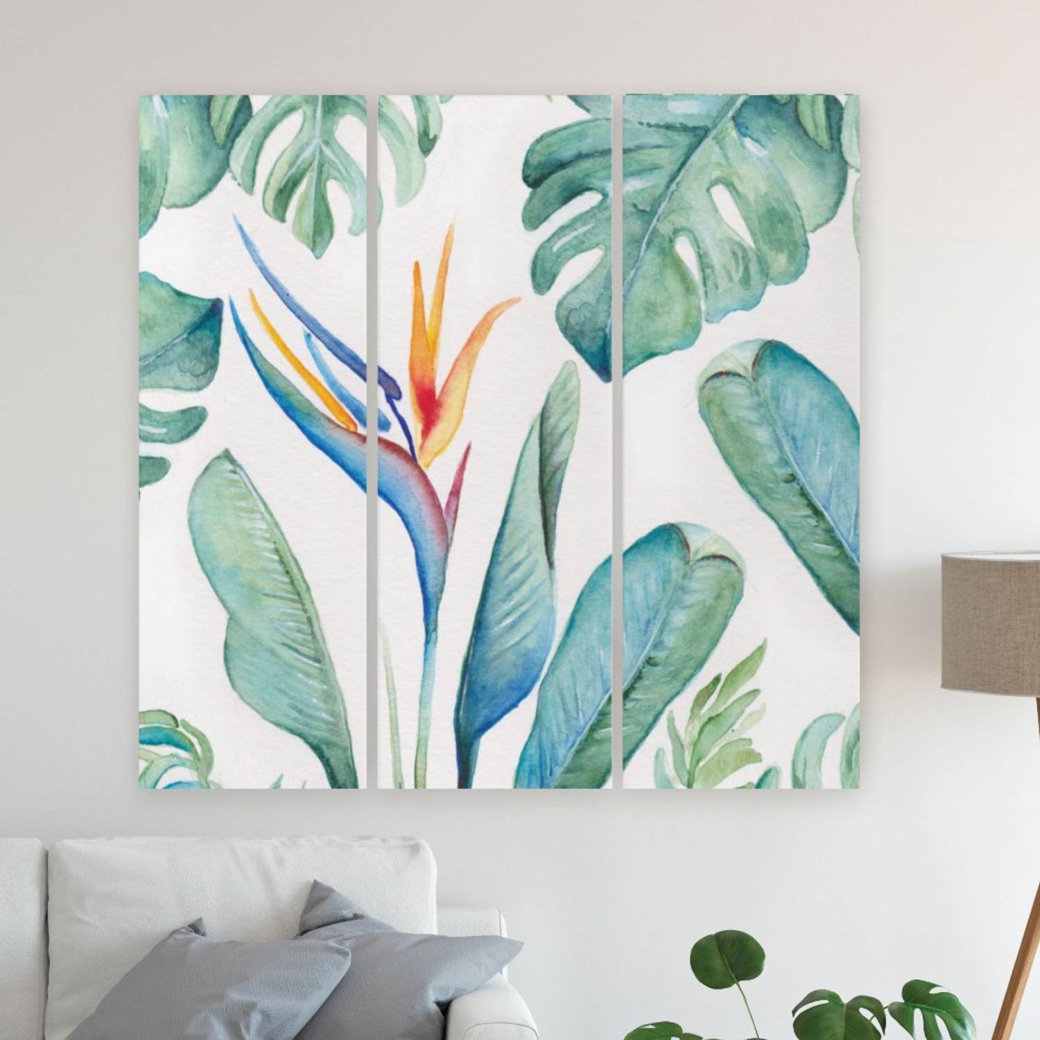 Original watercolor paintings tropical bird of paradise flower and monstera palm leaves by Victoria Grigaliunas of Do Tell A Belle. Click to shop 