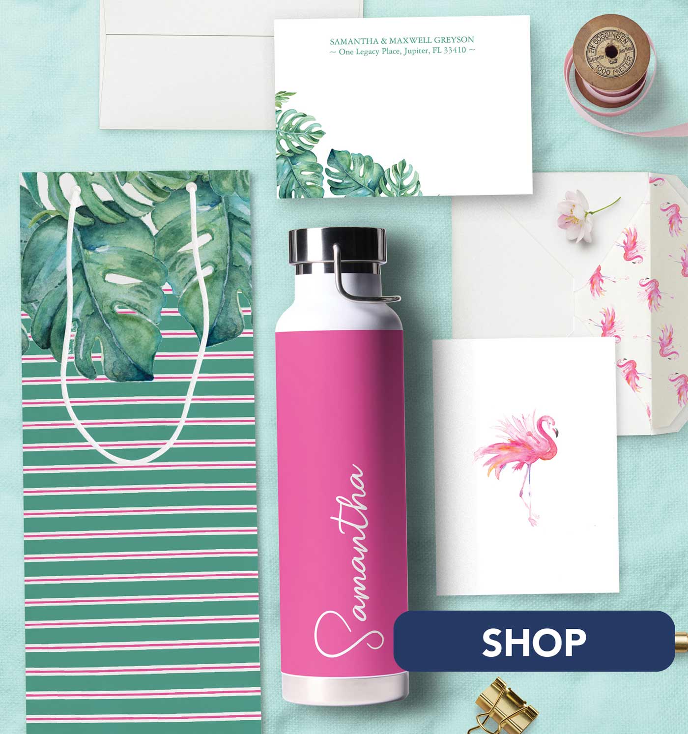 tropical destination wedding ideas bachelorette gifts watercolor pink flamingo and palm leaf theme. Click to shop.