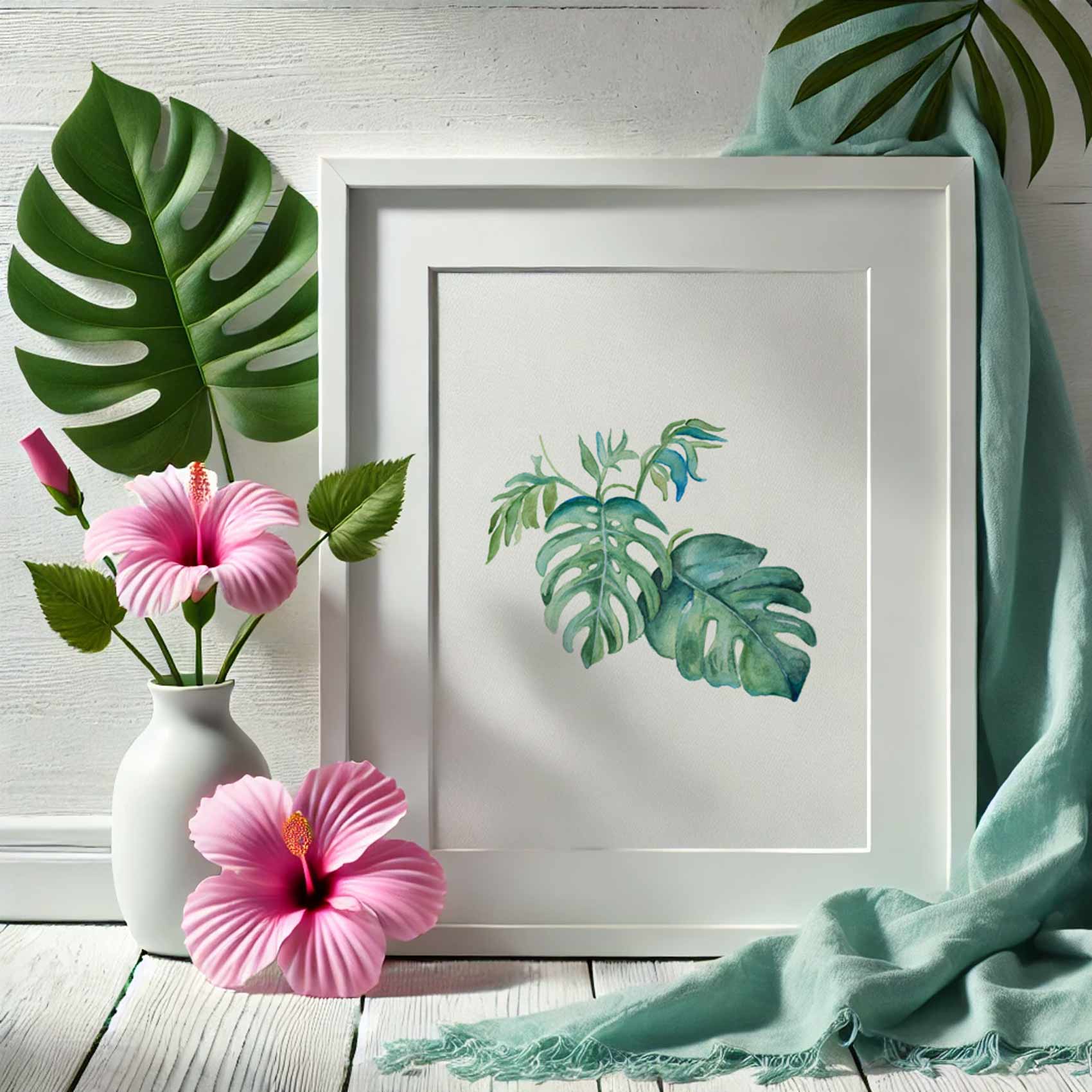 watercolor art by Victoria Grigaliunas tropical monstera palm leaves.