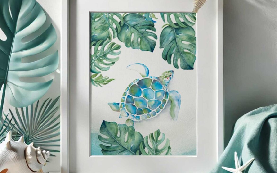 watercolor paintings by Victoria Grigaliunas tropical sea turtle and monstera palm leaves print