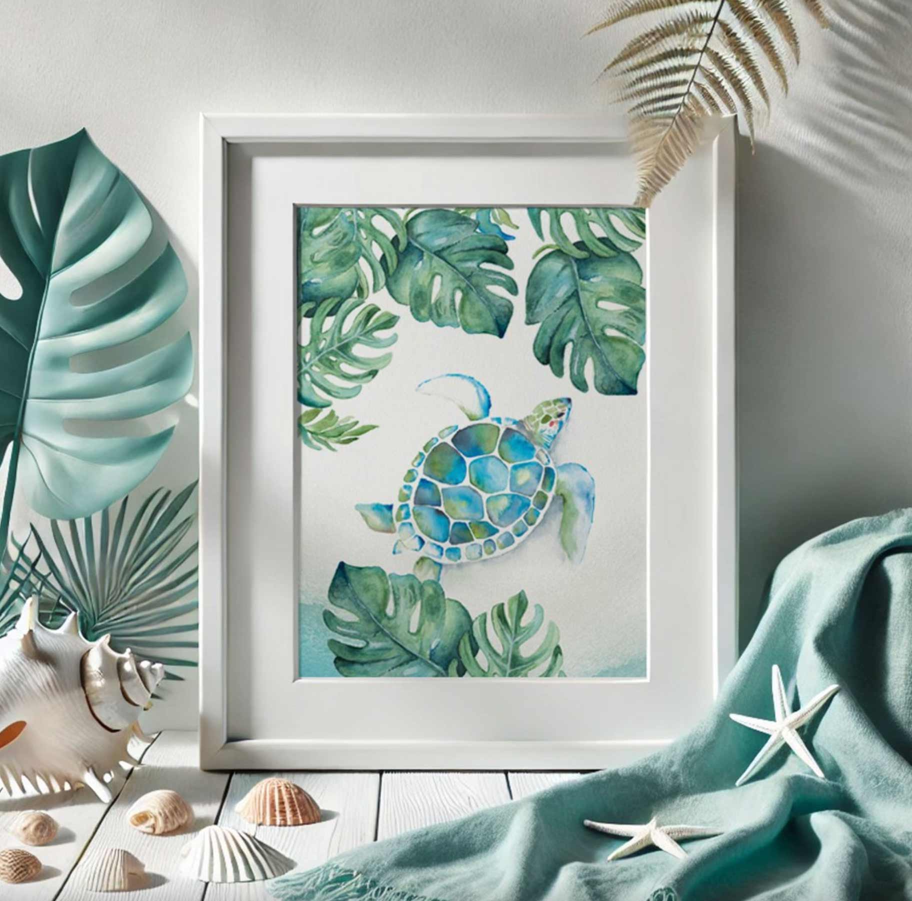 watercolor paintings by Victoria Grigaliunas tropical sea turtle and monstera palm leaves print