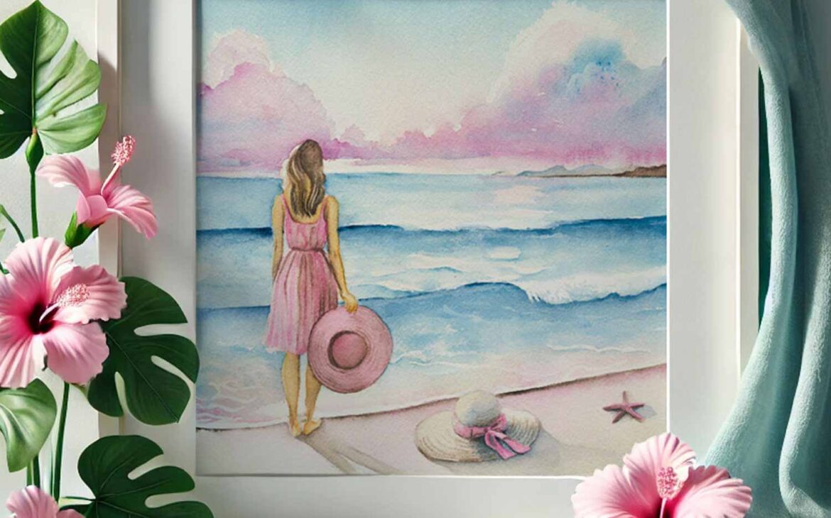 watercolor paintings By The Shoreline by Victoria Grigaliunas a Florida artist. The painting features watercolor Florida beach art in shades of pink and blue.