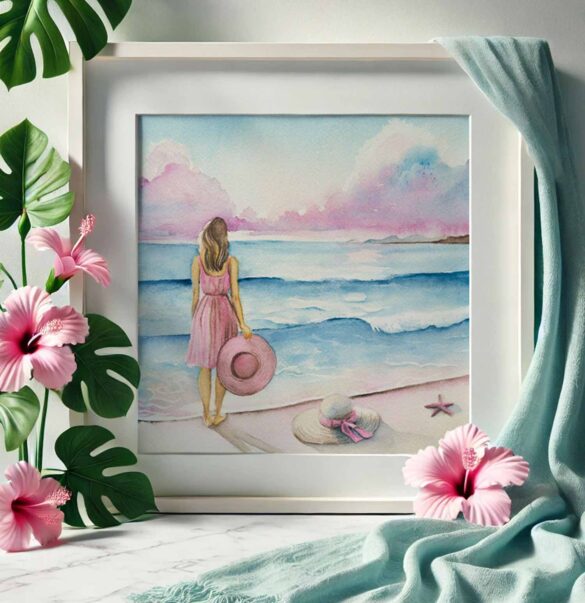 watercolor paintings By The Shoreline by Victoria Grigaliunas a Florida artist. The painting features watercolor Florida beach art in shades of pink and blue.