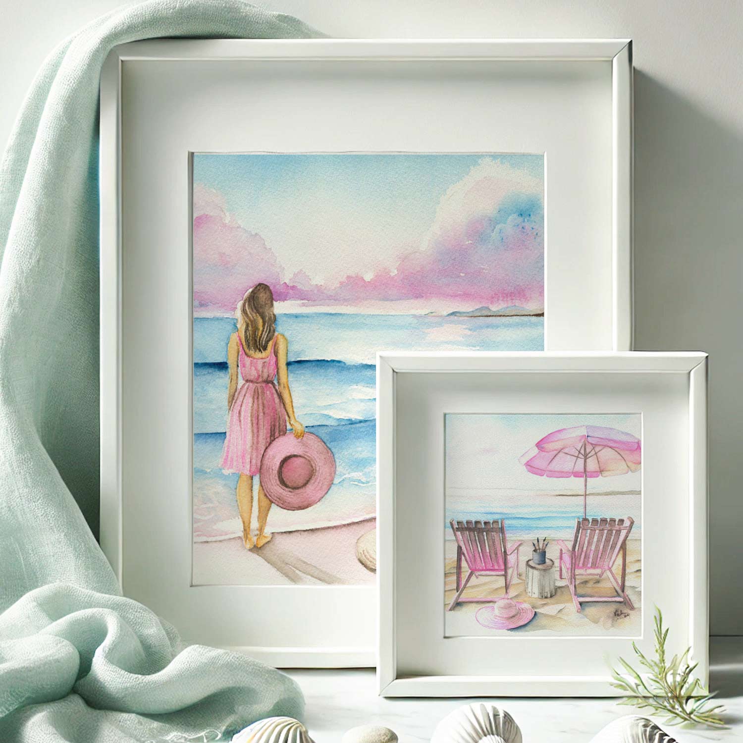 watercolor paintings By The Shoreline by Victoria Grigaliunas a Florida artist. The painting features watercolor Florida beach art in shades of pink and blue.