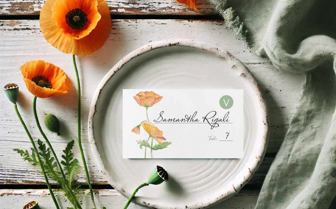 Bridal shower table setting with orange poppy flowers theme features a place card with watercolor art by Victoria Grigaliunas. Click to shop.