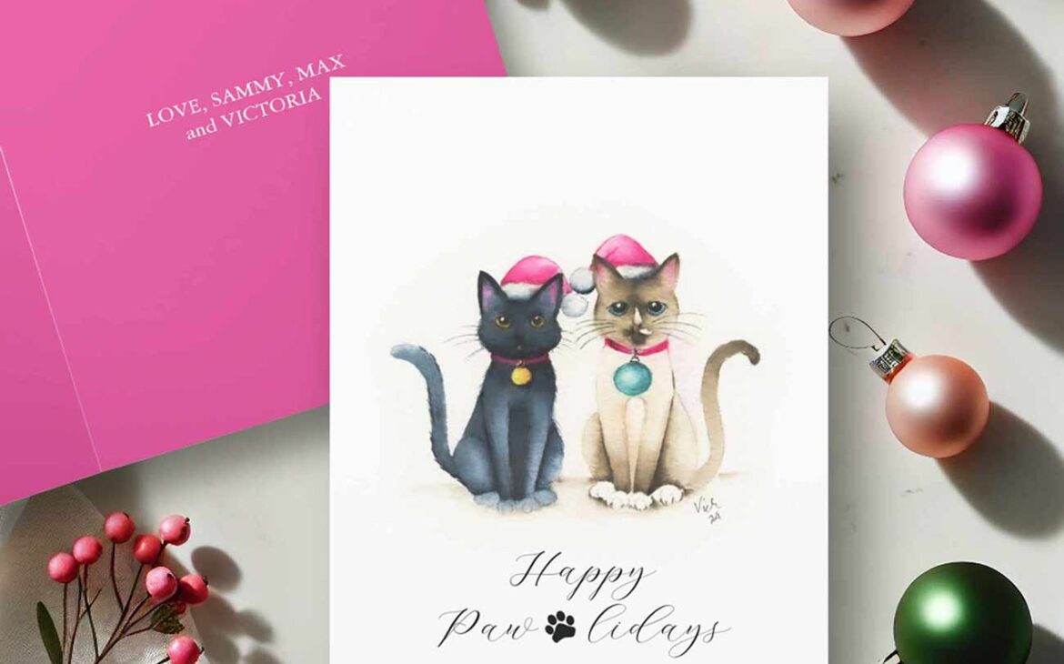 Cute Watercolor Christmas Cats by Victoria Grigaliunas