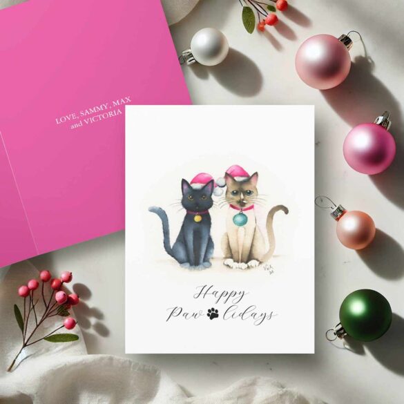 Christmas cats watercolor Christmas cards by Victoria Grigaliunas of Do Tell A Belle