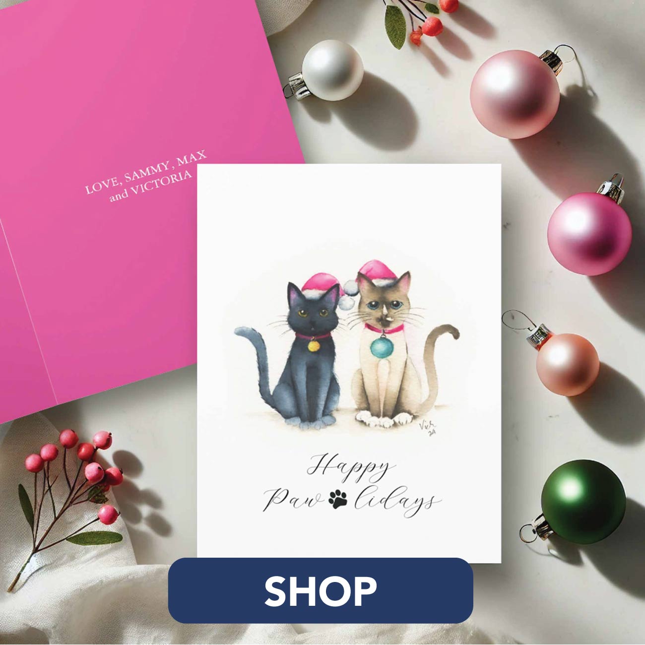 Cat Christmas cards watercolor black cat and siamese cat by Victoria Grigaliunas